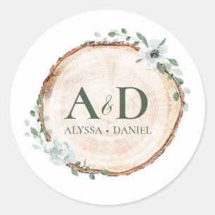 Sticker Rond Monogramme de mariage botanique en tranche de bois