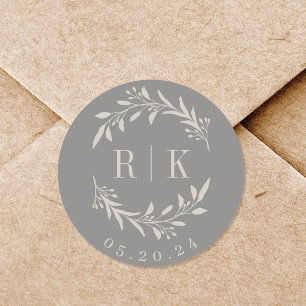 Sticker Rond Monogramme de Mariage de germes rustiques gris