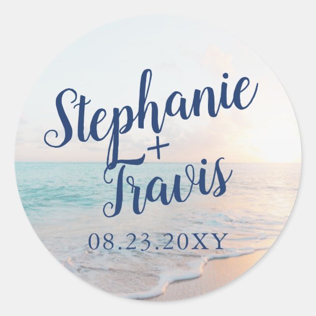 Sticker Rond Monogramme de mariage de plage de sable tropical D (Devant)