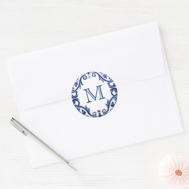 Sticker Rond monogramme de mariage de tuiles méditerranéennes (Enveloppe)