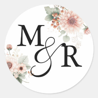 Sticker Rond Monogramme de mariage élégant boho rose poussiéreu