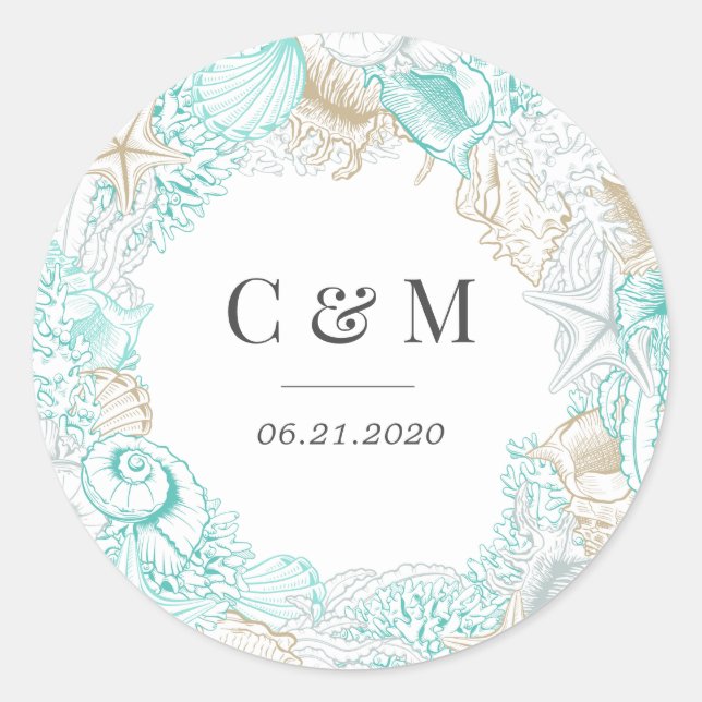 Sticker Rond monogramme de mariage élégant côtier en bord de me (Devant)