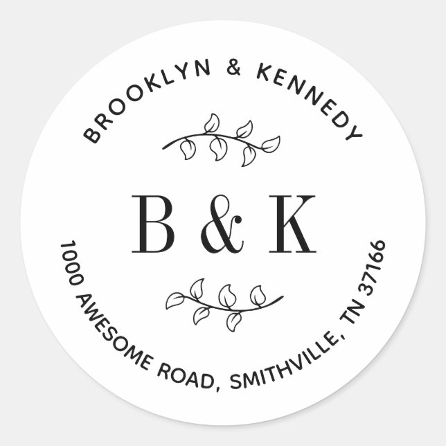 Sticker Rond Monogramme de mariage floral Adresse de retour du  (Devant)