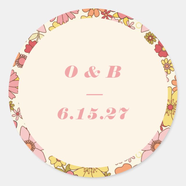 Sticker Rond Monogramme de Mariage Floral Boho Rose (Devant)