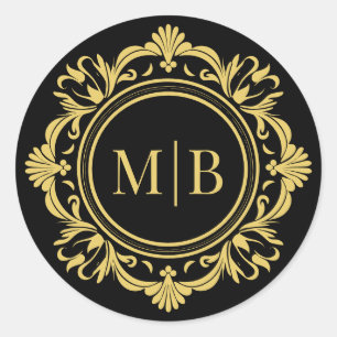 Sticker Rond Monogramme de mariage floral noir élégant or