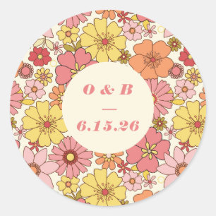 Sticker Rond Monogramme de mariage floral rétro boho rose jaune