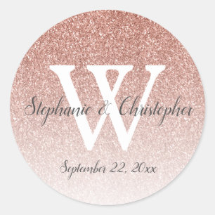 Sticker Rond Monogramme de mariage ombré pailleté or rose éléga
