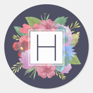 Sticker Rond Monogramme de marine fleur sauvage Bouquet