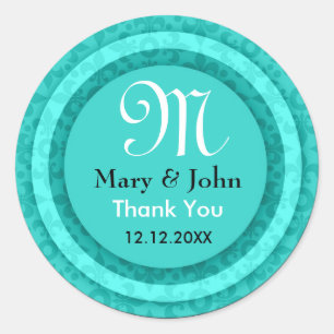 Sticker Rond Monogramme de Merci turquoise Mariée initiale et c
