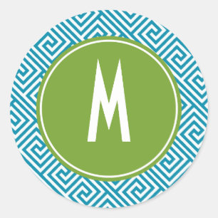 Sticker Rond Monogramme de Motif à clé verte et aquatique