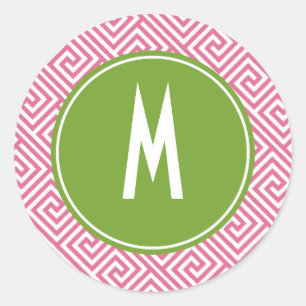 Sticker Rond Monogramme de Motif de clé grecque rose et verte