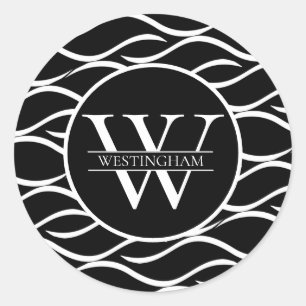 Sticker Rond Monogramme de Motif de vague noir et blanc avec no