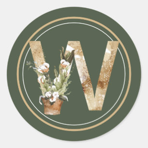 Sticker Rond Monogramme de Noël Boho W avec arrangement en coto