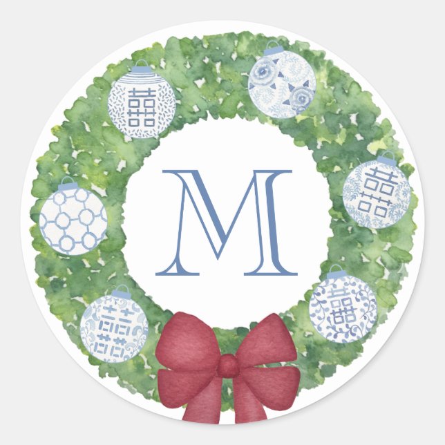 Sticker Rond Monogramme de Noël personnalisé Boxwood Wreath (Devant)