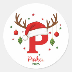Sticker Rond Monogramme de Noël personnalisé P Chapeau de Père 
