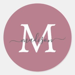 Sticker Rond Monogramme de nom de script personnalisé Rose Pous