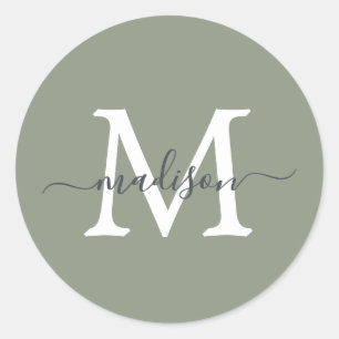 Sticker Rond Monogramme de nom de script personnalisé Vert Saug