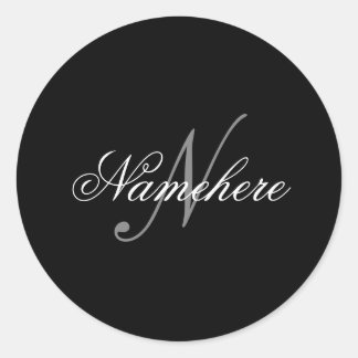 Sticker Rond Monogramme de nom noir et blanc personnalisé uniqu