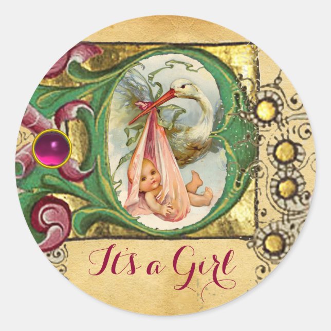 STICKER ROND MONOGRAMME DE PARCHEMENT FLORAL DU BABY SHOWER DE  (Devant)