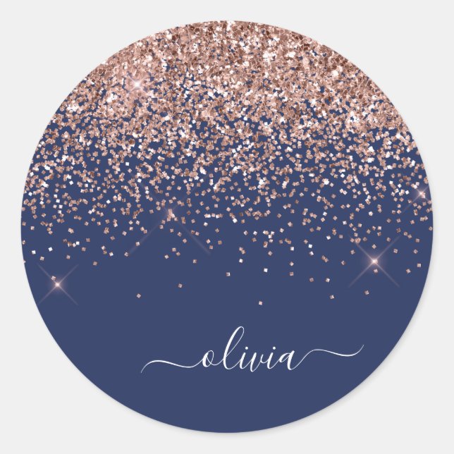 Sticker Rond Monogramme de Parties scintillant bleu marine rose (Devant)