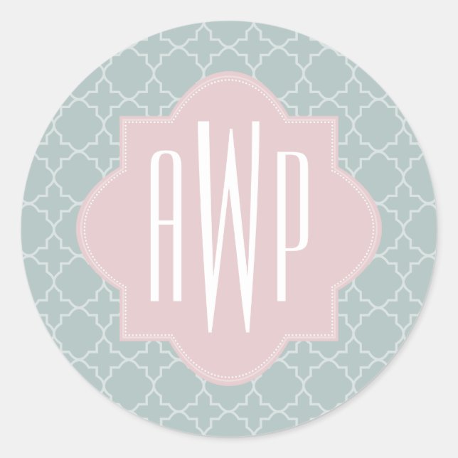 Sticker Rond Monogramme de Quatrefoil rose et vert (Devant)