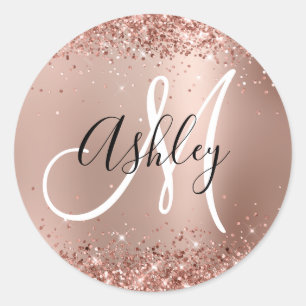 Sticker Rond Monogramme de reflet doré Rose
