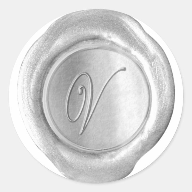 Sticker Rond Monogramme de sceau de cire - Argent - Script V - (Devant)