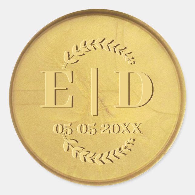 Sticker Rond Monogramme de Sceau d'or Date Feuilles botaniques  (Devant)