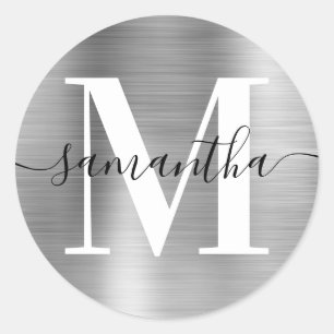 Sticker Rond Monogramme de signature moderne en feuille d'argen
