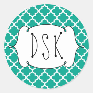 Sticker Rond Monogramme de tuiles marocaines turquoises et simp