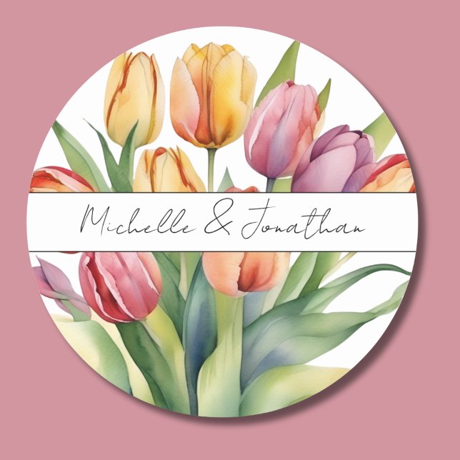 Sticker Rond Monogramme de tulipe d'aquarelle (Créateur téléchargé)