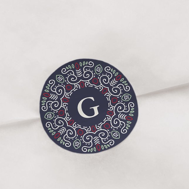 Sticker Rond Monogramme de vacances Folk Art (Créateur téléchargé)