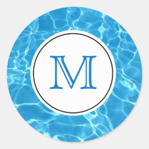 Sticker Rond Monogramme d'eau de piscine bleu étincelant