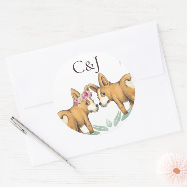 Sticker Rond Monogramme deux Chiens de Corgi Mariage (Enveloppe)