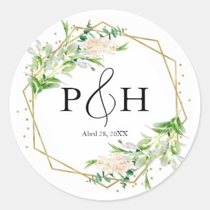 Sticker Rond Monogramme d'huile d'or Mariage de verdure géométr