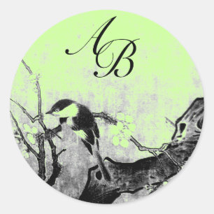 STICKER ROND MONOGRAMME D'OISEAU DE PRINTEMPS ET D'ARBRE DE FLE