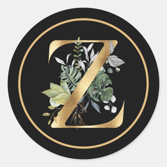 Sticker Rond MONOGRAMME D'OR CLASSY Z avec Foliage Tropical (Devant)