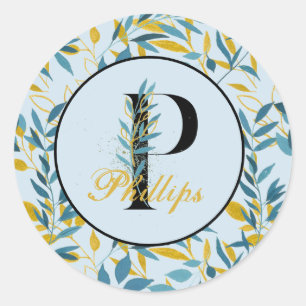 Sticker Rond Monogramme d'or de la Marine Feuille moderne "Lett