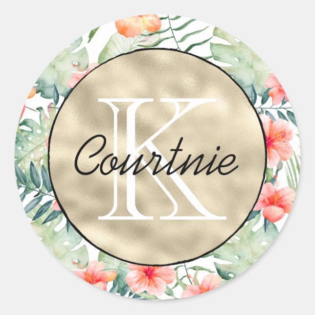 Sticker Rond Monogramme d'or floral de l'Hibiscus rose tropical (Devant)