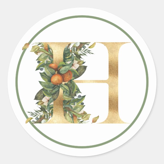 STICKER ROND MONOGRAMME D'OR H AVEC FOLIAGE D'ÉTÉ (Devant)