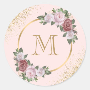Sticker Rond Monogramme d'or rose Confetti Floral