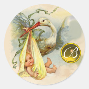 STICKER ROND MONOGRAMME DU BABY SHOWER DE GEMSTONE JAUNE NEUTRE