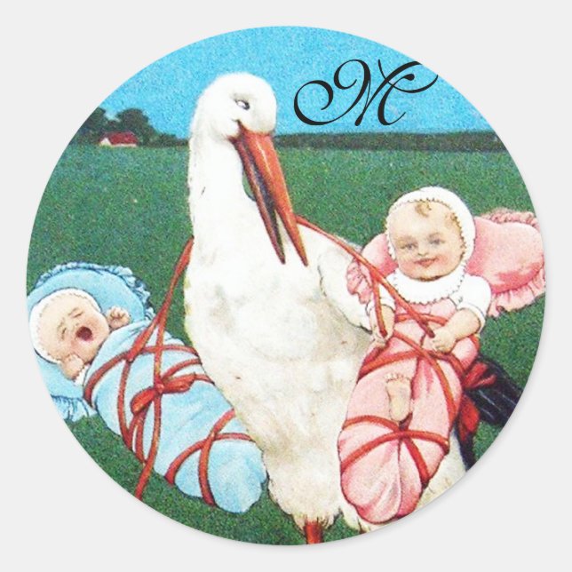 STICKER ROND MONOGRAMME DU BABY SHOWER STORK TWIN (Devant)