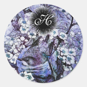 Sticker Rond monogramme du NID d'OISEAU, bleu blanc