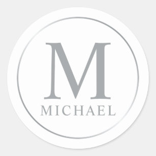 Sticker Rond Monogramme élégant blanc et argent