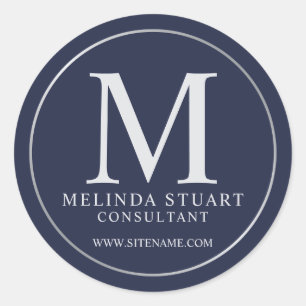 Sticker Rond Monogramme élégant de Navy Blue et d'argent