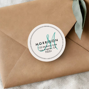 Sticker Rond Monogramme élégant moderne sarcelle Adresse de ret