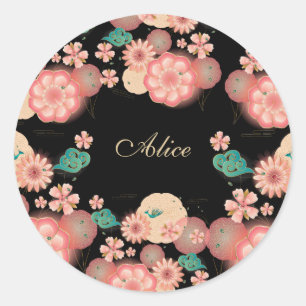 Sticker Rond Monogramme Élégante fleur de jardin de pêche de pr