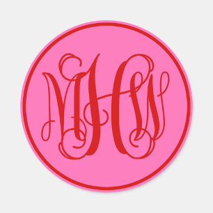Sticker Rond Monogramme en écriture cursive de vigne rouge rose