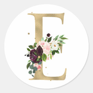 Sticker Rond Monogramme en lettres dorées fleurs boho burgundy 